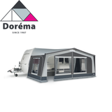 Dorema Monza 240 full awning set up on a caravan, showcasing its spacious design and durable fabric.