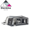 Dorema Monza 240 DeLuxe Full Awning set up on a camper, showcasing its spacious design and durable fabric.