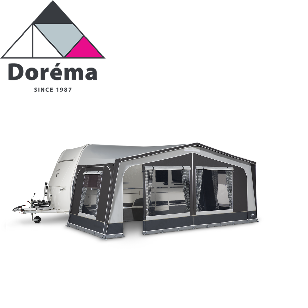 Dorema Monza 240 DeLuxe Full Awning set up on a camper, showcasing its spacious design and durable fabric.