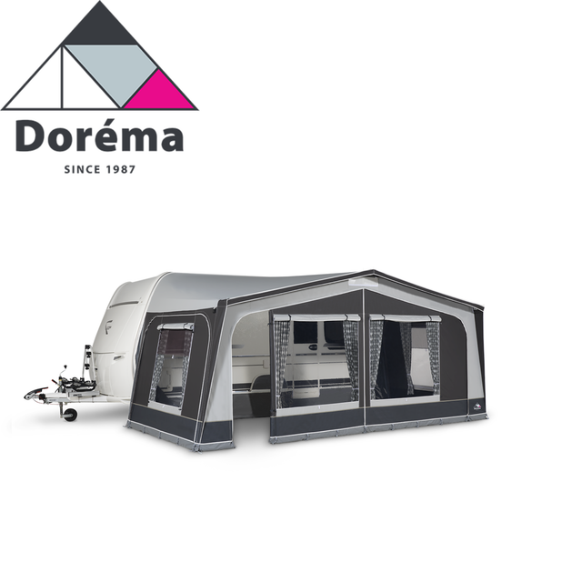 Dorema Monza 240 DeLuxe Full Awning set up on a camper, showcasing its spacious design and durable fabric.