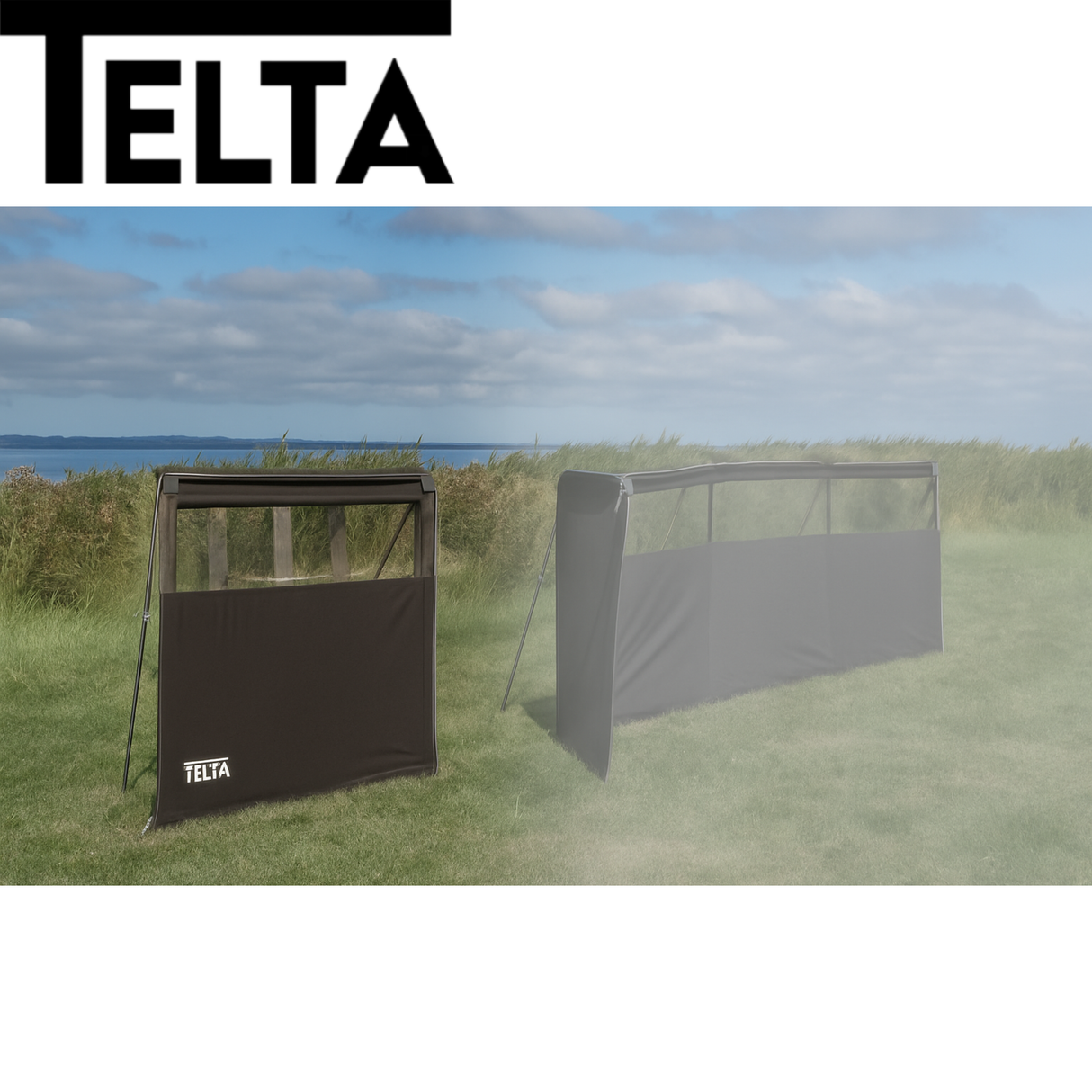Telta 1 Panel Aluminium Windbreak standing upright on a beach, featuring sleek aluminum design and vibrant color.