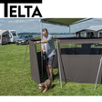 Telta aluminium windbreak swing door panel with sleek metal frame and clear glass, designed for outdoor patio protection.