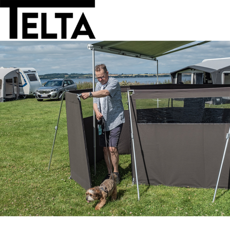 Telta aluminium windbreak swing door panel with a sleek design, ideal for outdoor spaces and patio areas.