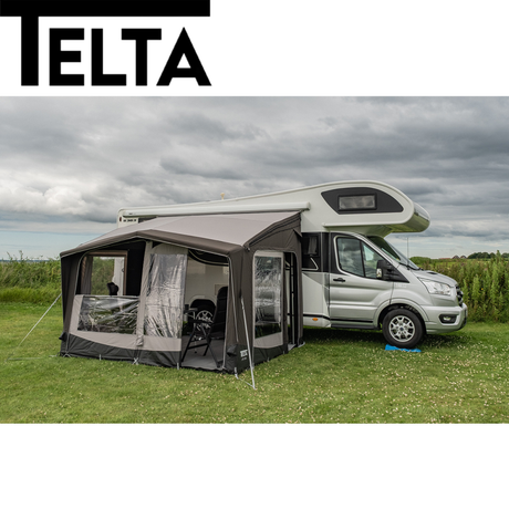 Telta Life 330 Air Awning set up in a campsite, showcasing its spacious design and air beam construction.