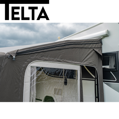 Telta Life 390 Air Awning by Cannock Caravan Accessories, showing a spacious, inflatable awning set up beside a caravan.