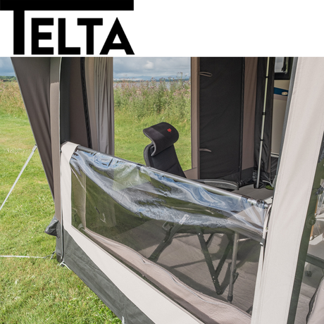 Telta Life 390 Air Awning by Cannock Caravan Accessories set up outside a caravan, showcasing its spacious design and air beams.