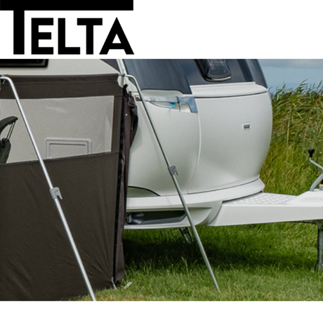 Telta Windbreak Support Poles by Cannock Caravan Accessories in a stable, outdoor setting with a windbreak attached.