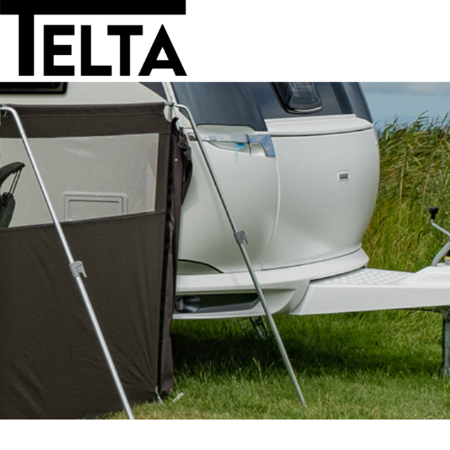 Telta Windbreak Support Poles by Cannock Caravan Accessories in a stable, outdoor setting with a windbreak attached.