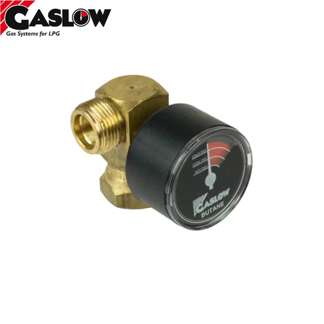 Gaslow butane regulator gauge for gas bottles, showing pressure level, with clear dials and brand logo for accurate gas flow control.