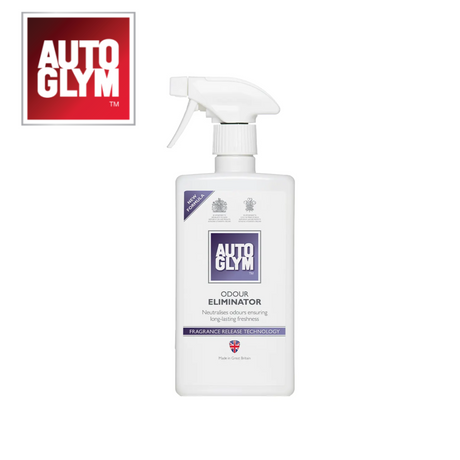 Autoglym Odour Eliminator spray bottle for vehicle cleaning, featuring a sleek design and clear labeling.