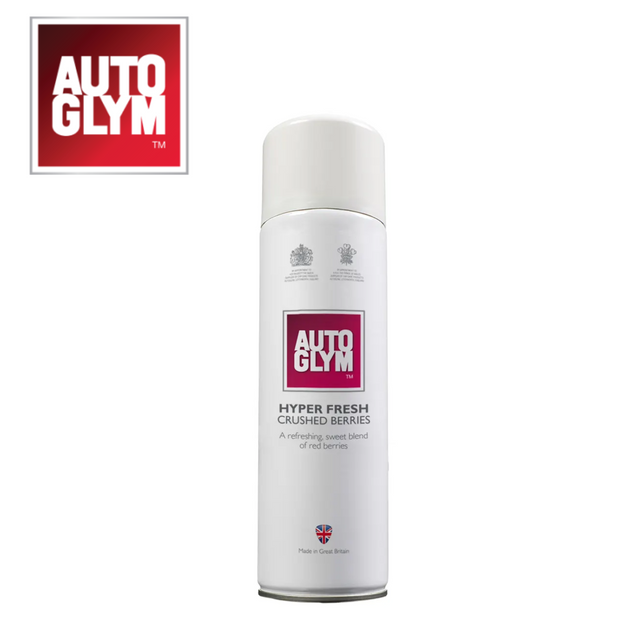 Autoglym Hyper Fresh Crushed Berries vehicle cleaner spray bottle with a vibrant label and nozzle, ready for use.