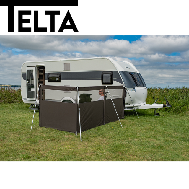 Telta 3 Panel Aluminium Windbreak set up outdoors, showcasing its sturdy design and protective features against the wind.