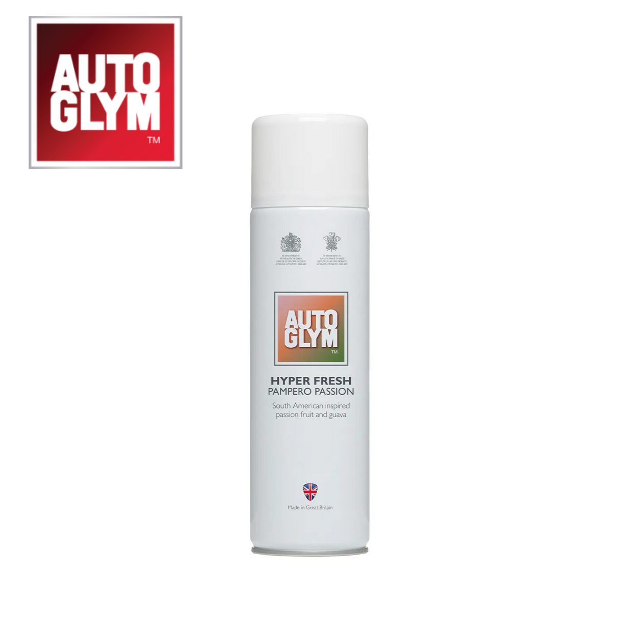 Autoglym Hyper Fresh Pampero Passion vehicle cleaner bottle with vibrant design and spray nozzle against a neutral background.