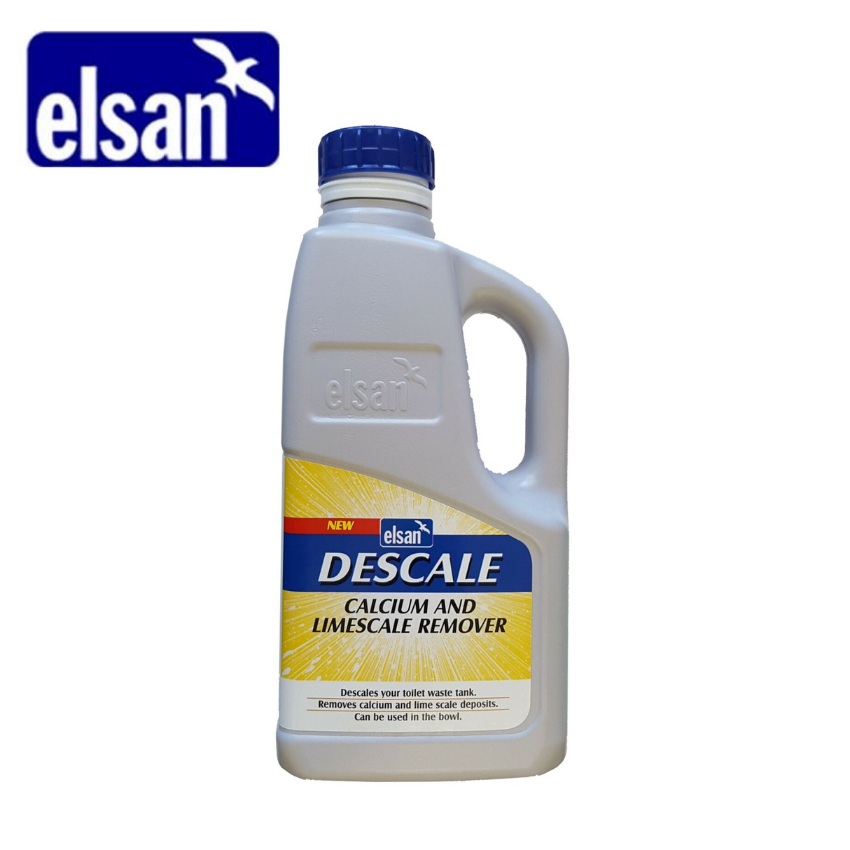 Elsan Descale Calcium and Limescale Remover bottle for effective toilet cleaning, featuring clear label and easy-pour spout.