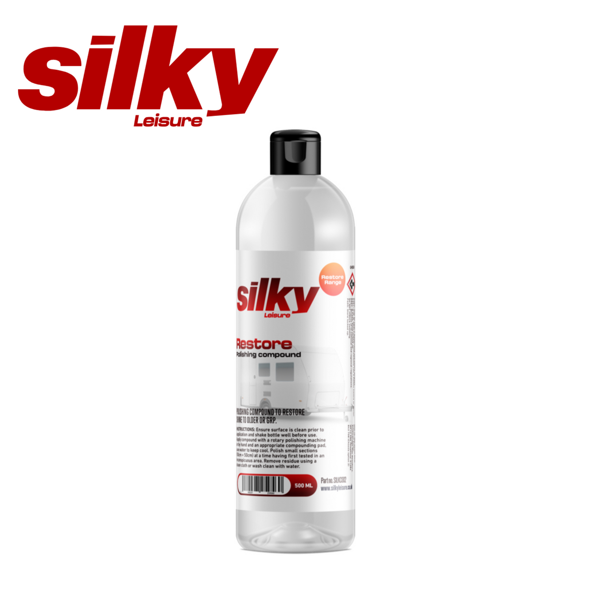 Silky Restore Polish bottle with a sleek design, showcasing the vehicle cleaner for restoring shine and luster.