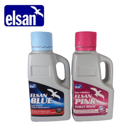 Elsan 1L Twin Pack of blue and pink toilet fluid bottles on a white background.