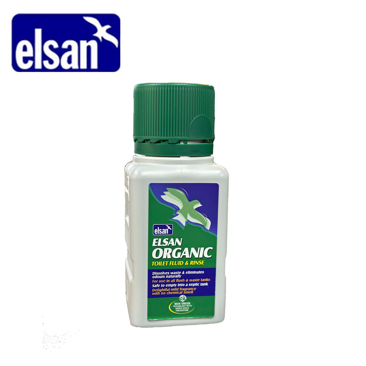 Elsan Organic 400ml toilet fluid bottle with a green label and easy-pour spout on a neutral background.