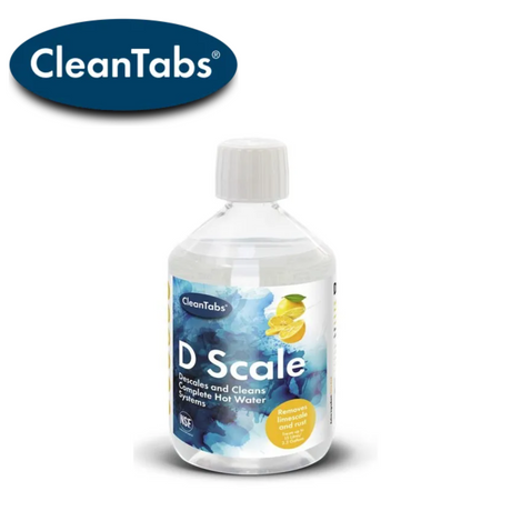 Cleantabs D Scale tank cleaner in a bottle with a clear label, showcasing its compact design and easy-to-use spout.
