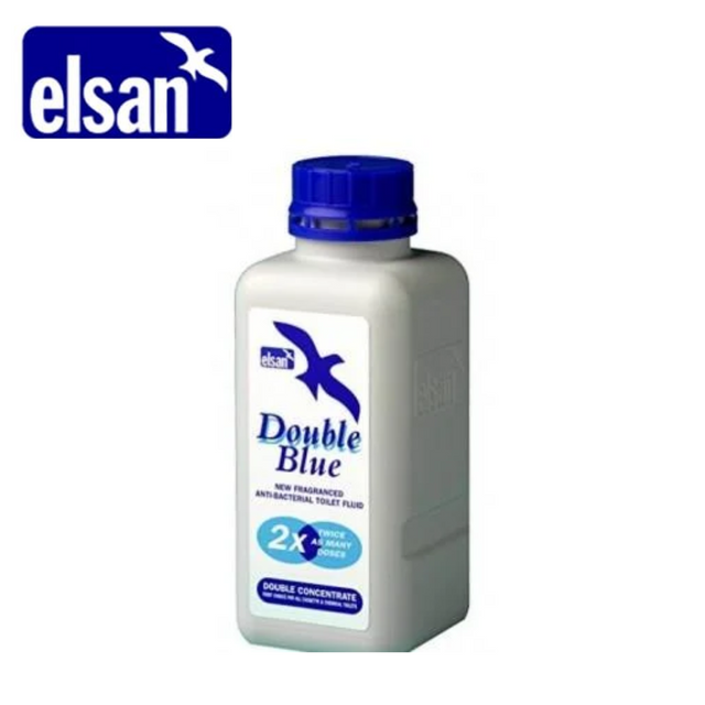Elsan Double Blue 400ml toilet fluid bottle with a blue liquid, designed for effective toilet sanitation and odor control.
