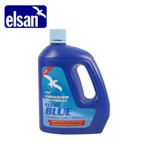 Elsan Blue 4L toilet fluid bottle, labeled as formaldehyde-free, with a blue liquid visible inside the container.