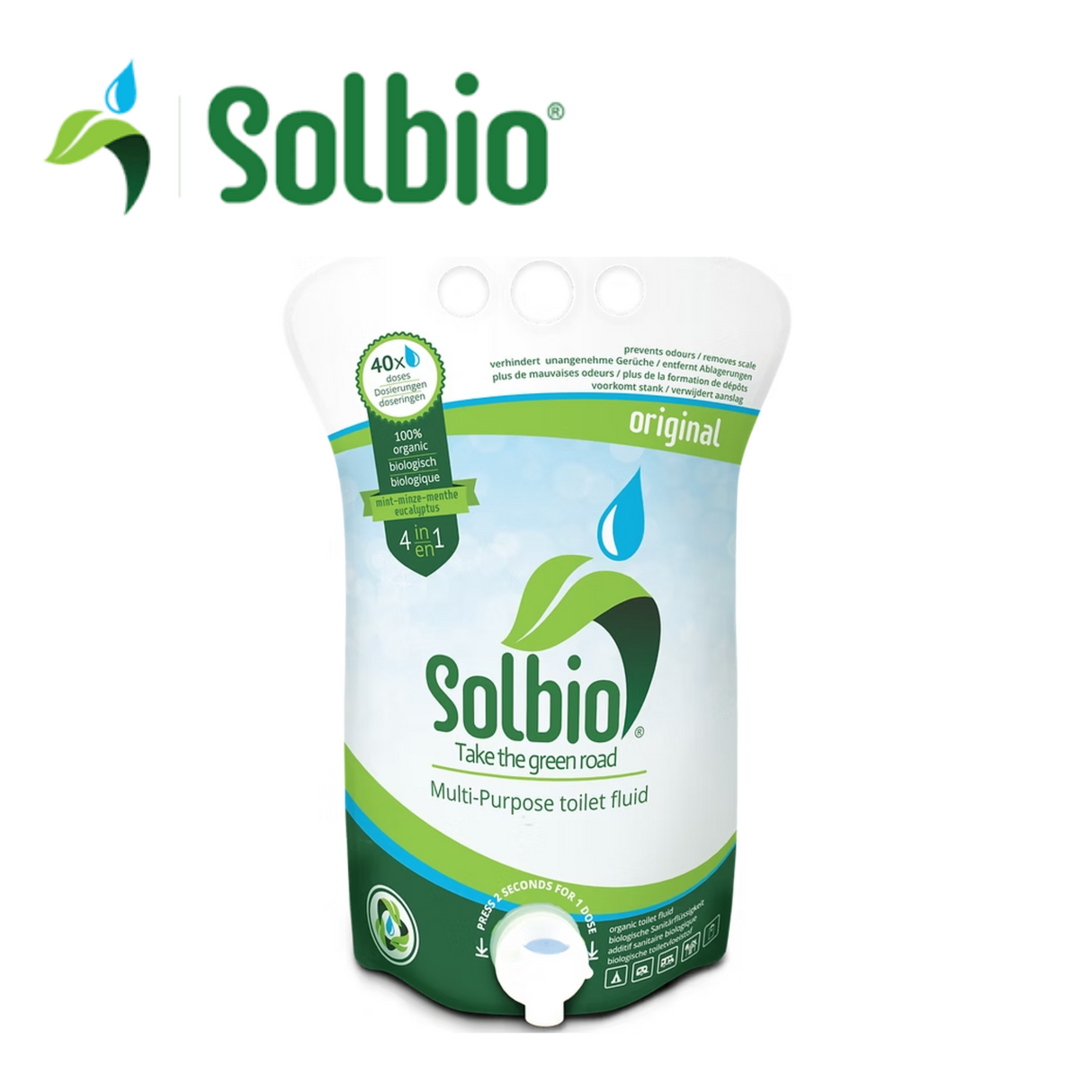 Solbio Multi-Purpose Toilet Fluid bottle showing the white liquid inside and the Solbio label on the container.