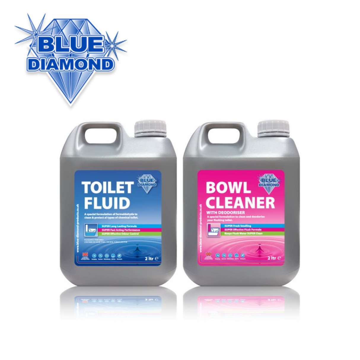 Blue Diamond 2L double pack of toilet fluid bottles with blue labels and easy-pour spouts on a white background.