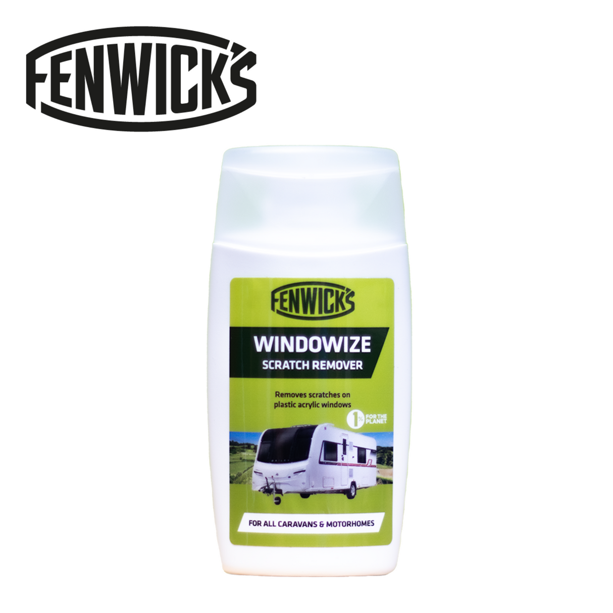 Fenwicks Windowize window cleaner spray bottle with a clear label and nozzle, set against a light background.
