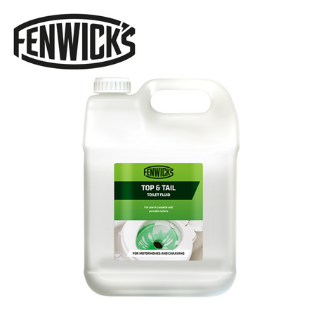 Fenwicks Top & Tail toilet fluid bottle with clear label and green cap, displayed against a neutral background.
