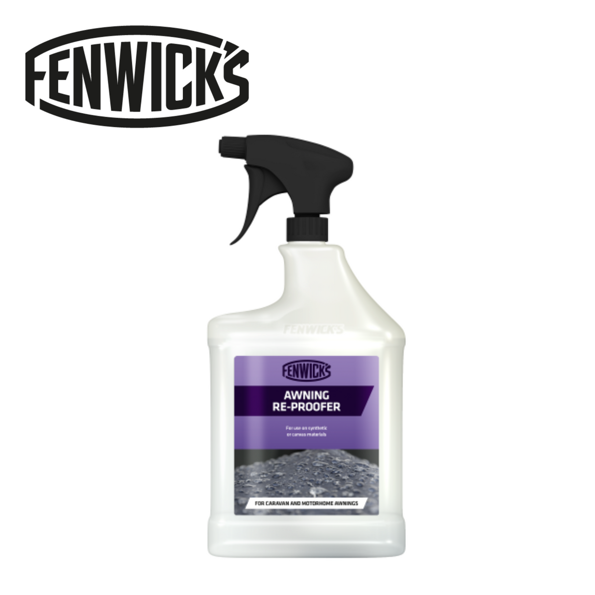 Fenwicks Awning Re-Proofer bottle with a spray nozzle, designed for cleaning and maintaining outdoor awnings.
