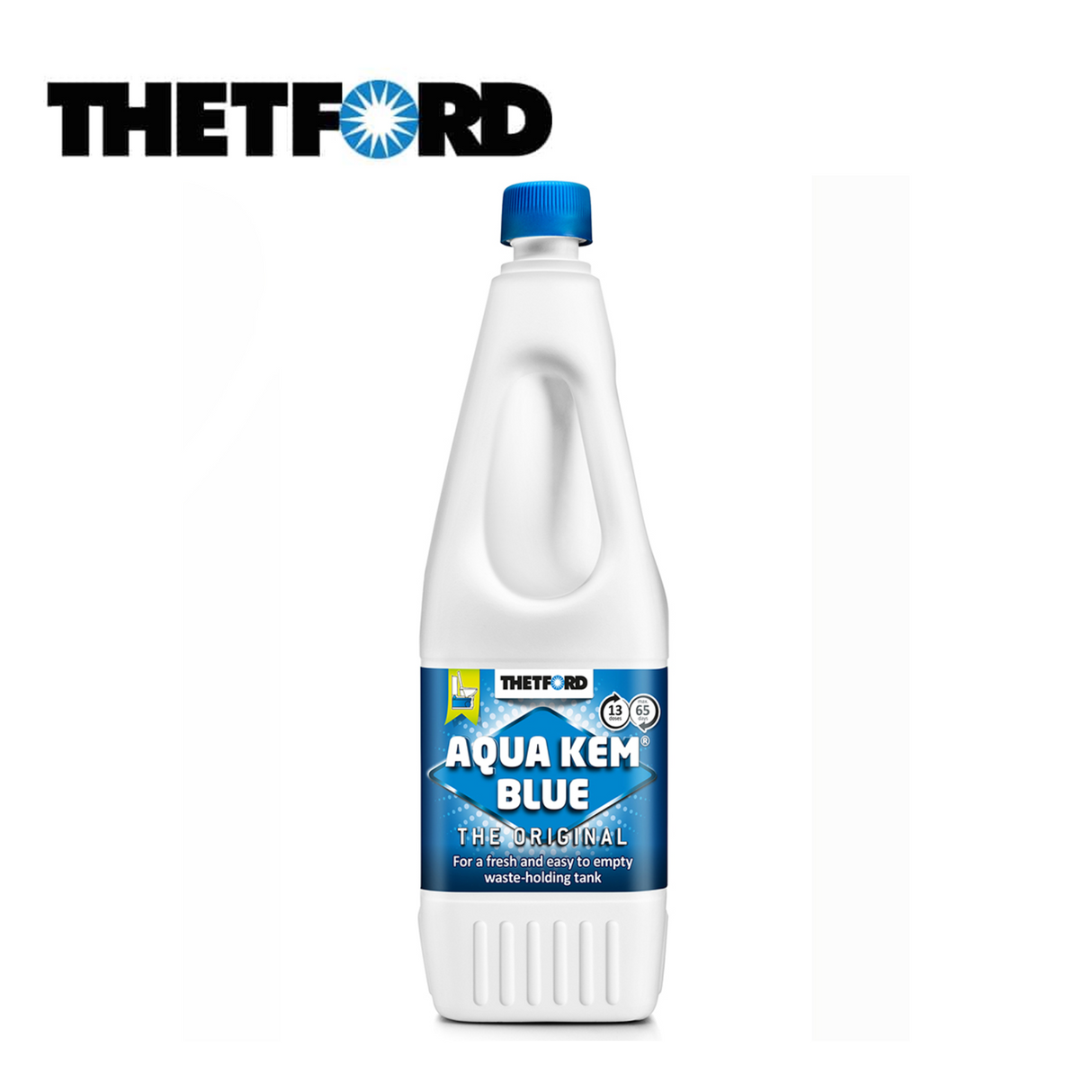 Thetford Aqua Kem Blue 2L toilet fluid bottle with blue liquid, designed for effective waste tank treatment.