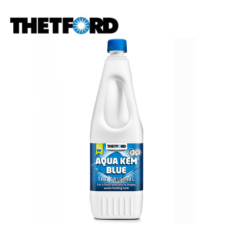 Thetford Aqua Kem Blue 2L toilet fluid bottle with blue liquid, designed for effective waste tank treatment.