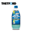 Thetford Aqua Kem Blue concentrated eucalyptus toilet fluid in a bottle, showcasing its blue liquid and brand labeling.
