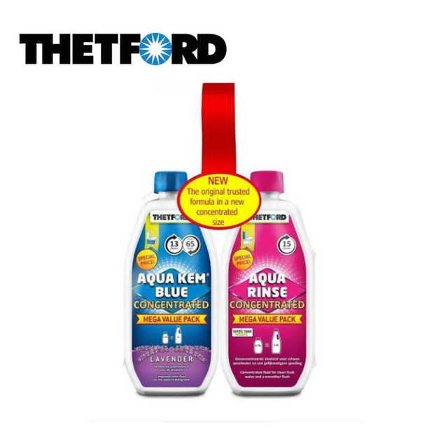 Thetford Twin Pack of Aqua Kem Blue and Aqua Rinse toilet fluid bottles on a white background.