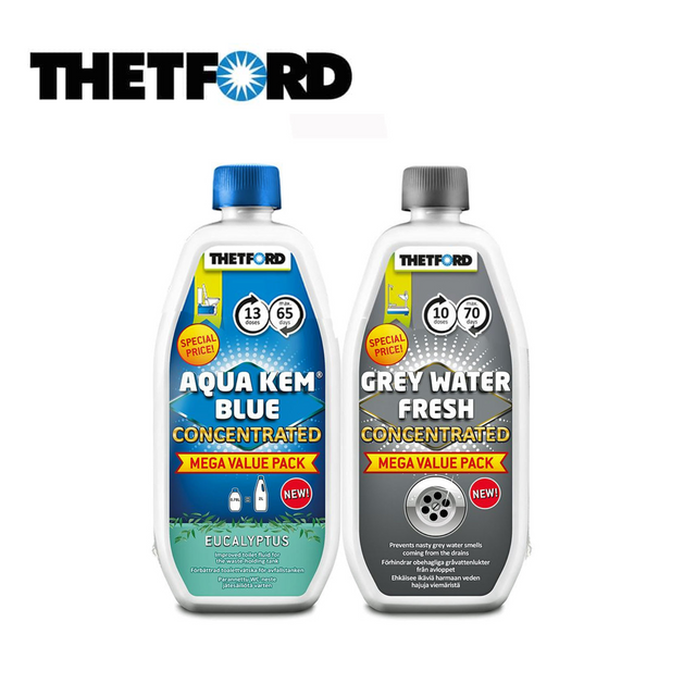 Thetford Twin Pack Aqua Kem Blue and Grey Water Fresh toilet fluid bottles on a white background.