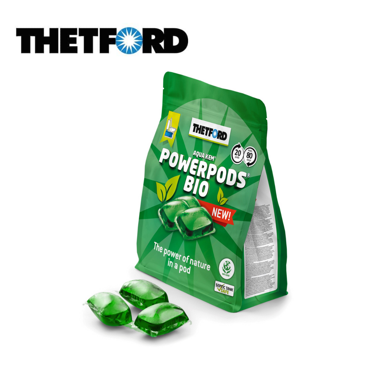 Thetford Aqua Kem PowerPods Bio toilet fluid, featuring biodegradable pods in a compact packaging.