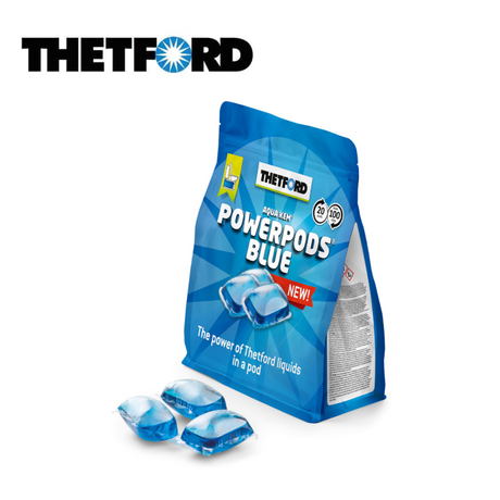 Thetford Aqua Kem PowerPods Blue toilet fluid in a container, showcasing its vibrant blue pods for toilet maintenance.