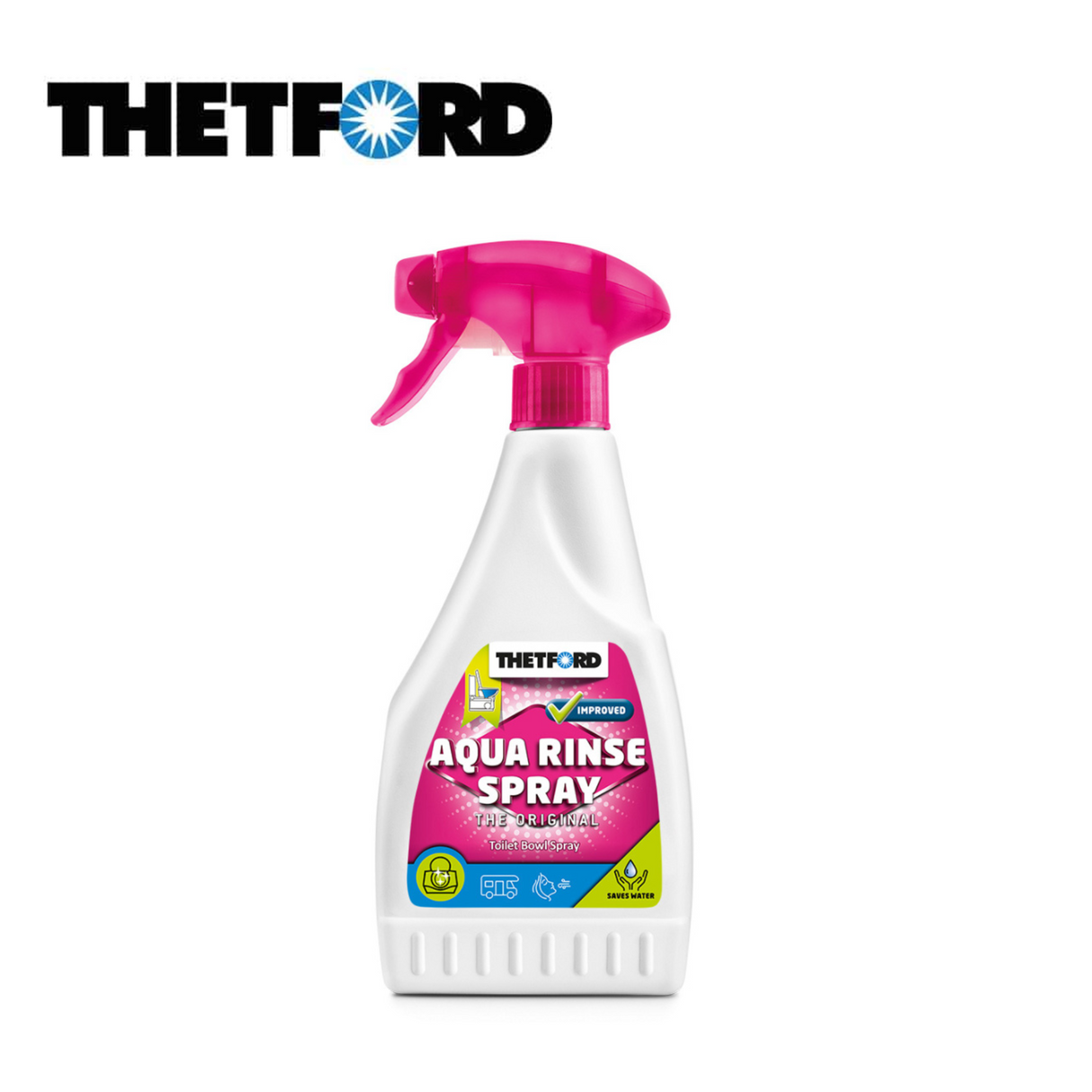 Thetford Aqua Rinse Spray bottle for toilet fluid, featuring a sleek design with a spray nozzle for easy application.