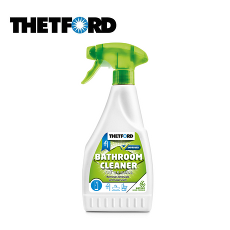 Thetford bathroom cleaner bottle with a spray nozzle, labeled for effective bathroom cleaning solutions.