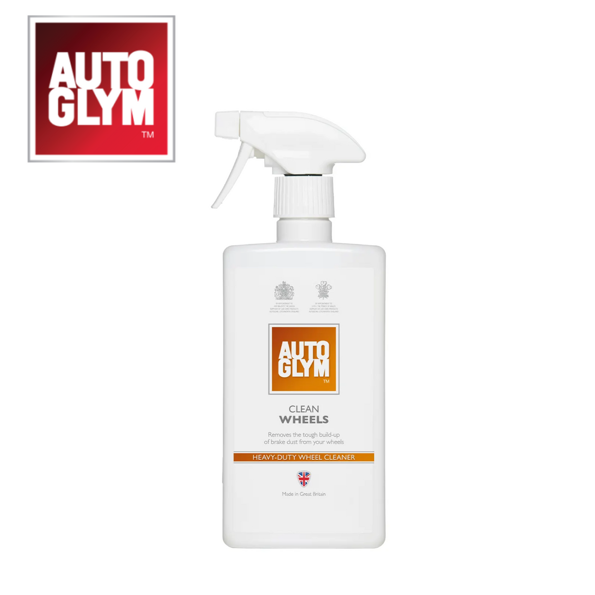 Autoglym Clean Wheels vehicle cleaner bottle with label, featuring a trigger spray nozzle and a clear liquid inside.