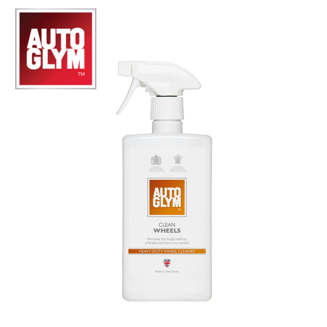 Autoglym Clean Wheels vehicle cleaner bottle with label, featuring a trigger spray nozzle and a clear liquid inside.