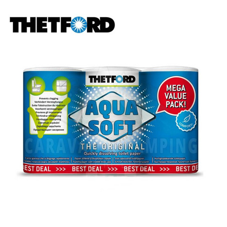 Thetford Aqua Soft toilet paper 6 pack, featuring soft, absorbent sheets ideal for RV and camping use.