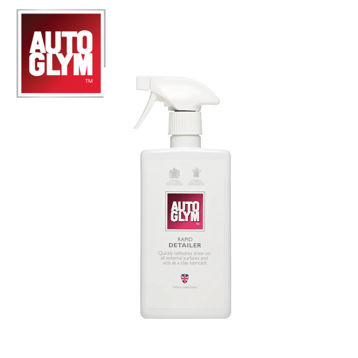 Autoglym Rapid Detailer bottle with spray nozzle, showcasing the vehicle cleaner's sleek design and labeling.