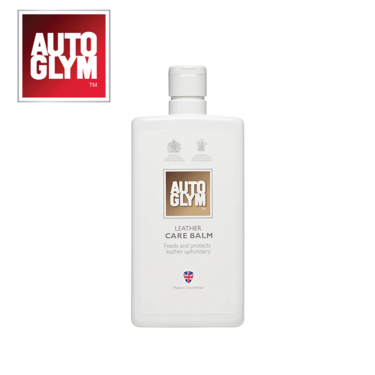 Autoglym Leather Care Balm in a container, designed for cleaning and conditioning vehicle leather surfaces.