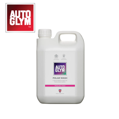 Autoglym Polar Wash vehicle cleaner bottle with label showing usage instructions and a clean car background.