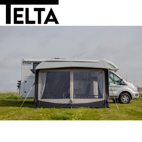 Telta Core 390 Air Awning features a spacious design with inflated beams and a sleek, modern appearance for outdoor use.