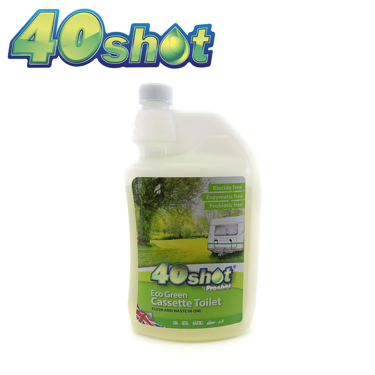 40 Shot Eco Green Toilet Fluid bottle with eco-friendly label design, showcasing its green formula for effective toilet cleaning.