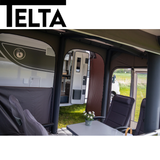 Telta Core 330 Air Awning set up, showcasing its spacious design and inflatable structure for outdoor camping use.