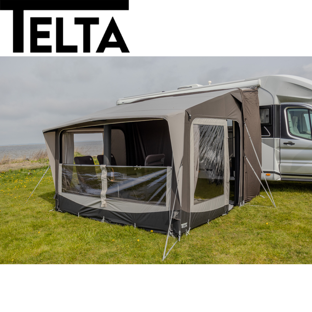 Telta Core 330 Air Awning set up, showcasing its inflatable structure and spacious design for outdoor camping.