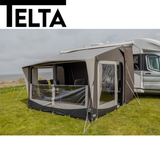 Telta Core 330 Air Awning set up, showcasing its inflatable structure and spacious design for outdoor camping.