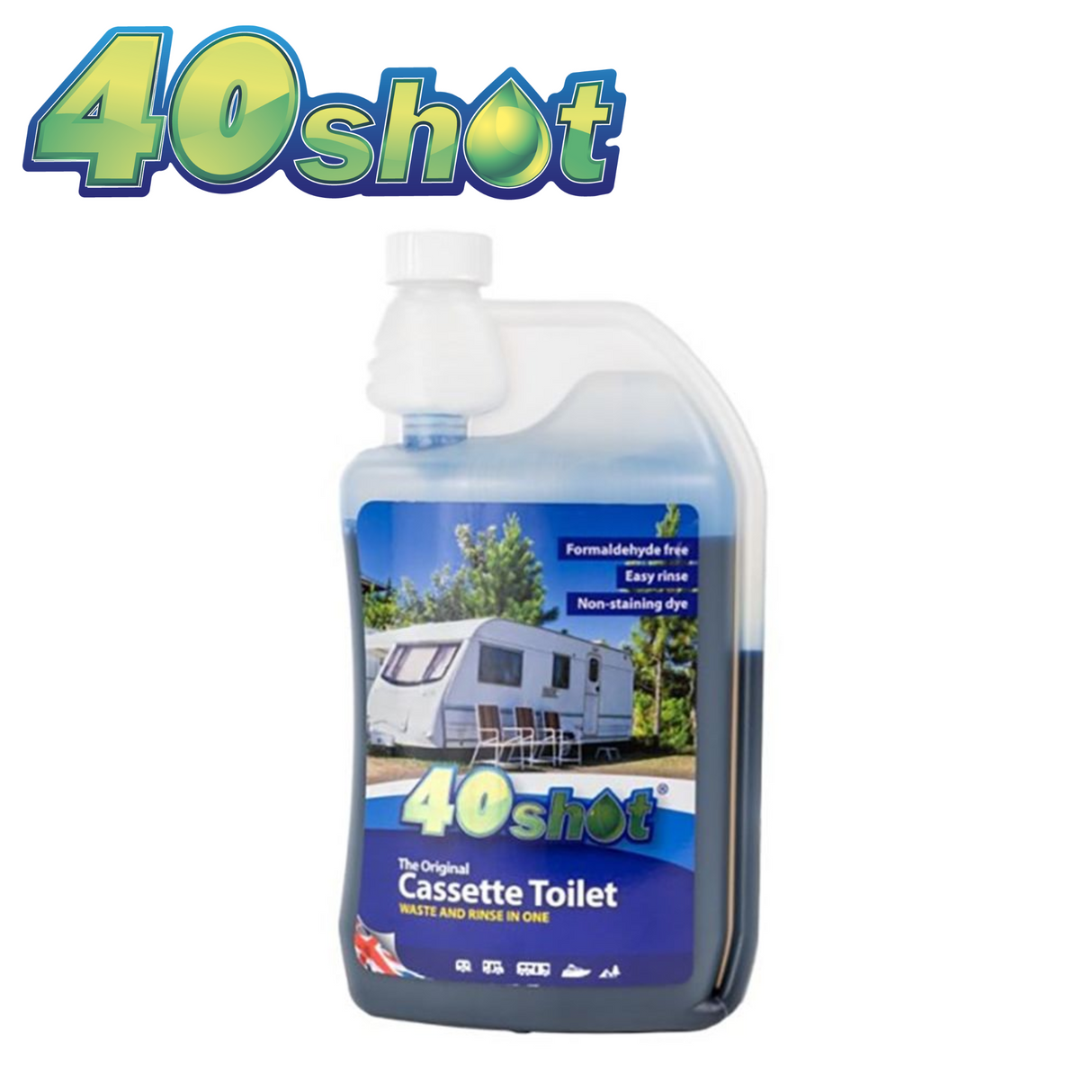 40 Shot Blue Toilet Fluid bottle with blue liquid, designed for effective toilet sanitation and odor control.